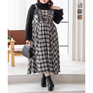 大きいサイズ レディース CLETTEオリジナルフリルデザインチェック柄キャミワンピース