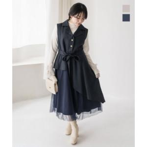 大きいサイズ レディース CLETTEオリジナルリボンベルト付チュールトレンチ風ワンピース