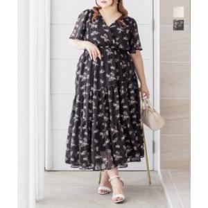 CLETTEオリジナル　ぼかし花柄フリルワンピース 大きいサイズ レディース CLETTEオリジナルぼかし花柄フリル