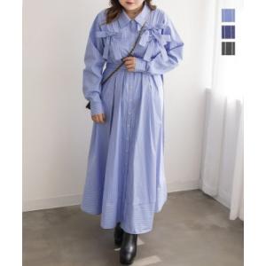 大きいサイズ レディース CLETTEオリジナルストライプ柄リボンシャツワンピース