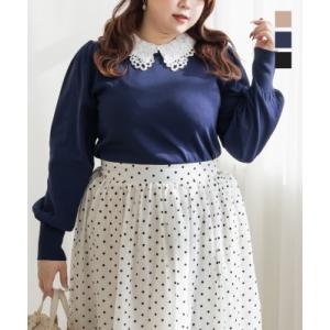 大きいサイズ レディース CLETTEオリジナルレイヤーレース襟ニットプルオーバー