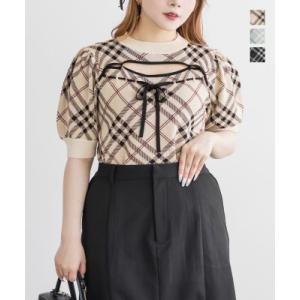 大きいサイズ レディース CLETTEオリジナルデコルテオープンチェック柄ニット
