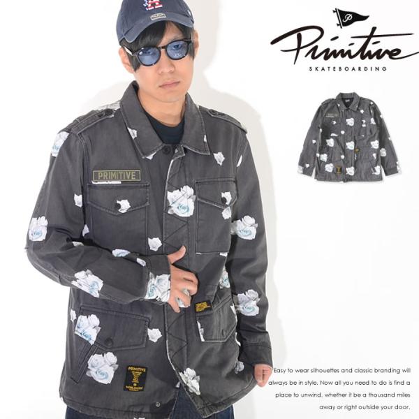 アウトレット PRIMITIVE プリミティブ ミリタリージャケット 総柄 ローズ 右胸ボックスロゴ...