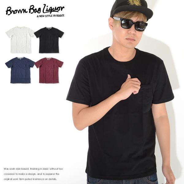 BROWN BAG LIQUOR ブラウンバッグリカー Tシャツ 半袖 クルーネック 胸ポケット 無...