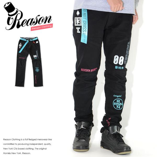 REASON リーズン デニムパンツ ベルト付き バイカーステッチ スカルクロス (A1-D256)...