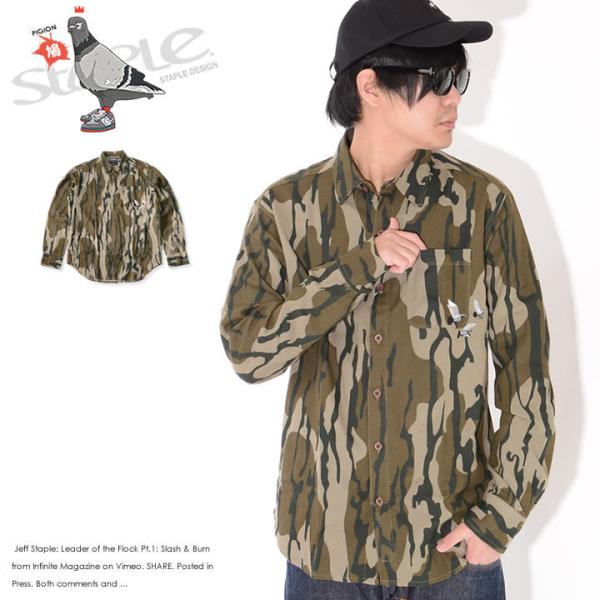 STAPLE ステイプル 長袖シャツ 総柄カモ 胸ピジョン刺繍 (2111W6708) セール