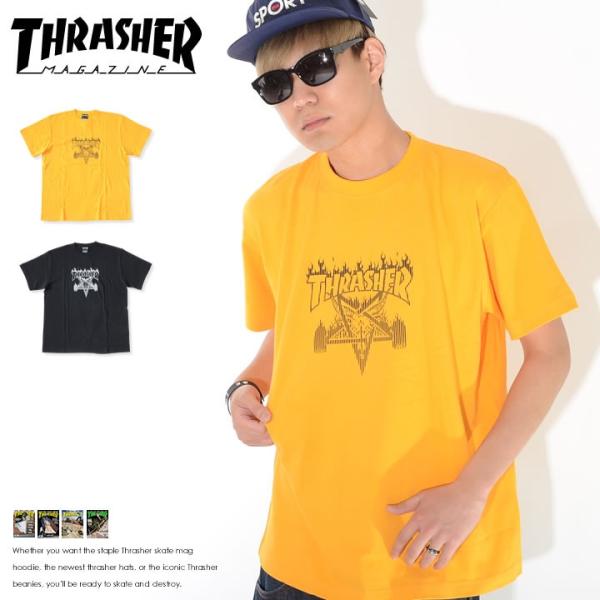 THRASHER スラッシャー Tシャツ 半袖 フレイムロゴ スケープゴート ストライプ (TH91...