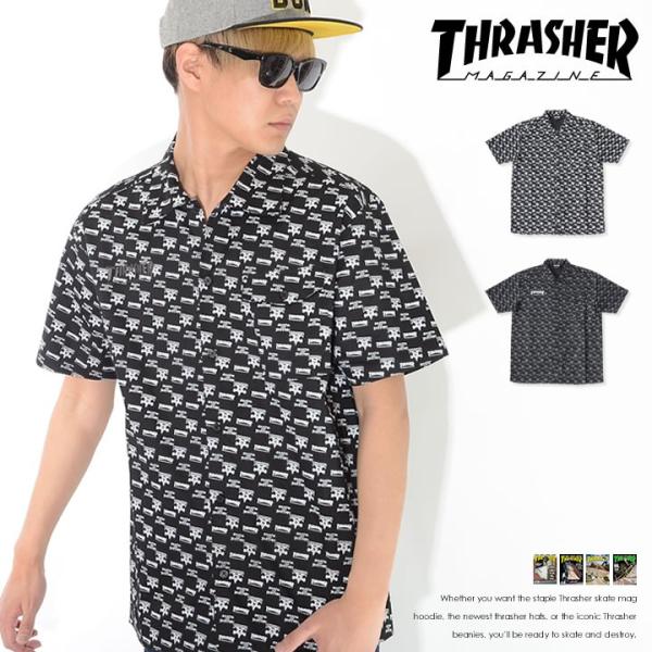 THRASHER スラッシャー 半袖シャツ 総柄 ブランドロゴ 右胸MAGロゴ刺繍 (TH5165)...