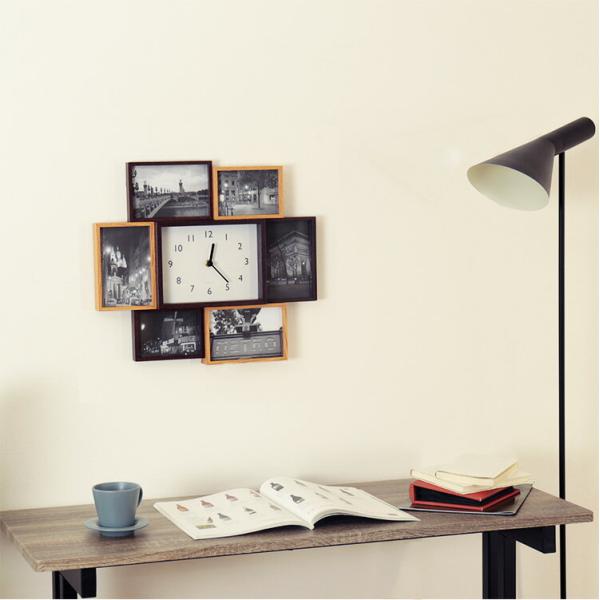 壁掛け時計 掛け時計 フォトフレーム 置き時計 木製 写真立て 写真 6枚 雑貨 インテリア 北欧 ...