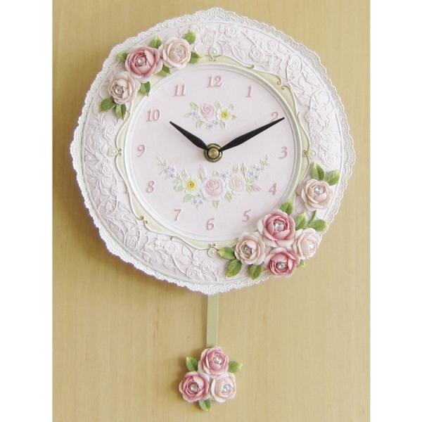 振り子時計 エレガントクロック 掛時計 壁掛け時計 姫系 姫家具 花 フラワー バラ ピンク おしゃ...