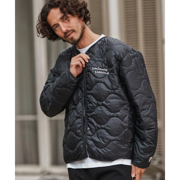 onion quilted collarless down jacket with cursive ...