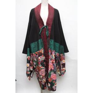 Qutie Frash / 和柄切替着物ロングカーディガン 黒×赤 Y-26-01-20-111