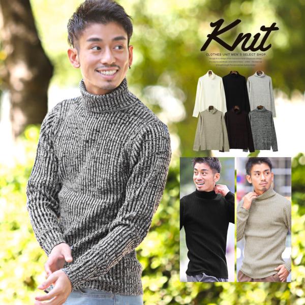 ニット セーター トップス タイト ニットソー ミドルゲージ リブ タートルネック メンズ 無地 ビ...