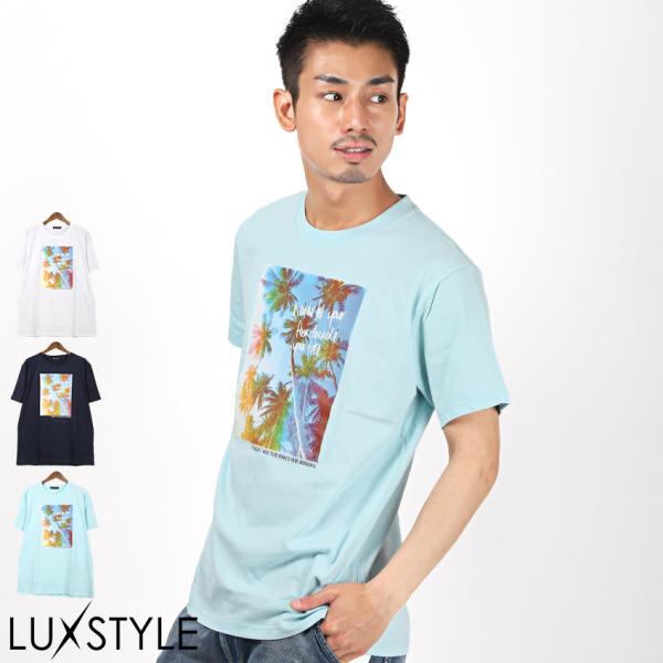 Tシャツ メンズ トップス 韓国 韓国系 サーフ ビーチ プリント ロゴ パームツリー フォトプリン...