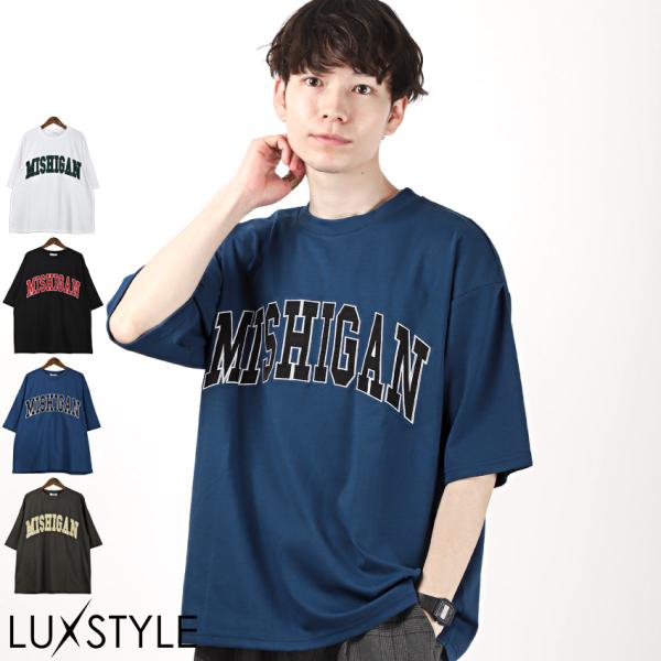 Tシャツ メンズ トップス 韓国 韓国系 ストリート ルーズ ワッペン ロゴ カレッジ ビッグシルエ...