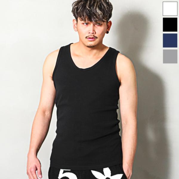 タンクトップ メンズ トップス ノースリーブ 無地 スパン フライス カットソー クルーネック イン...