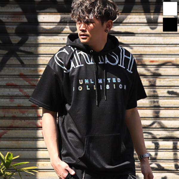 パーカー メンズ 半袖 Tパーカー ビッグシルエット 箔プリント レインボー ロゴ ストリート