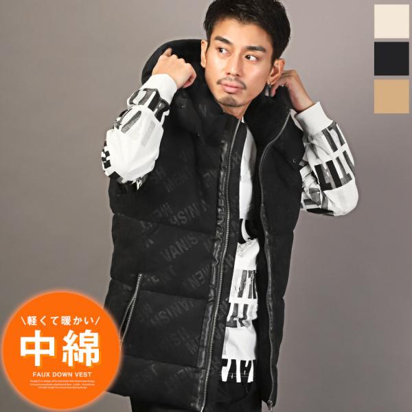 ベスト メンズ アウター 中綿ジャケット 2WAY フード ロゴ フェイクダウン スエード