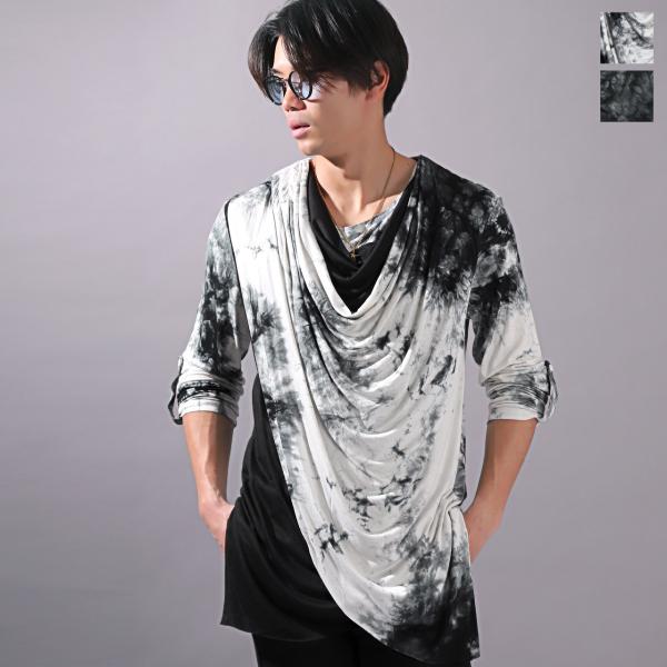 ロンT メンズ トップス 長袖Tシャツ タイダイ ドレープ フェイクレイヤード ロング丈 V系