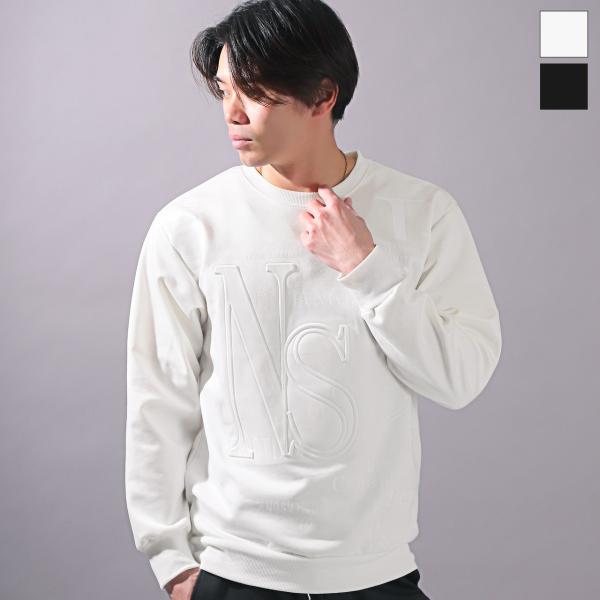 トレーナー メンズ トップス スウェード エンボス ロゴ プリント 白 黒 ユニセックス