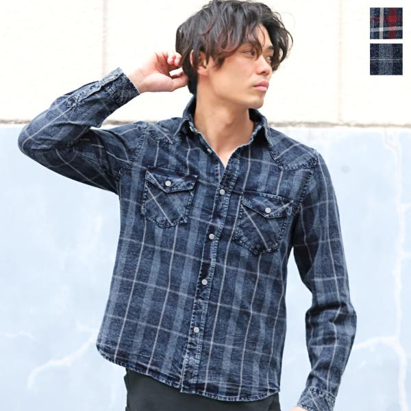 長袖シャツ メンズ トップス チェック柄 長袖 インディゴ ウエスタンシャツ アメカジ