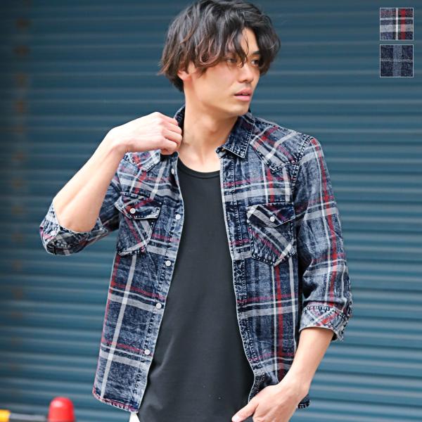 7分袖シャツ メンズ トップス チェックシャツ ウエスタンシャツ インディゴ アメカジ