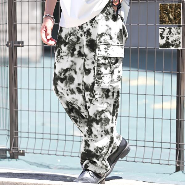 カーゴパンツ メンズ ワイドパンツ ボトムス 総柄 迷彩 カモフラ タイダイ ストリート 韓国