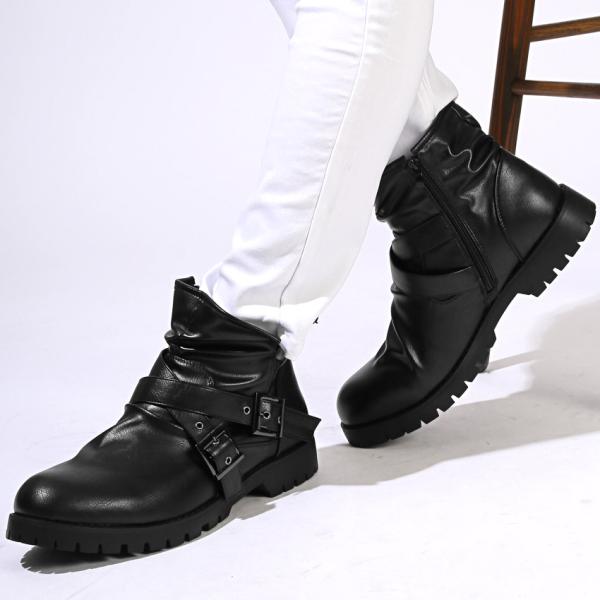 ライダースブーツ バイカー ベルト付き ショートブーツ エンジニアブーツ お兄系 V系 ブラック 2...
