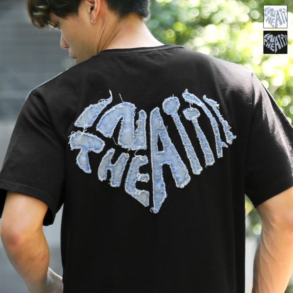 メンズ デニム ハート アップリケ Tシャツ 半袖 トップス カットソー 切り替え リメイク風 配色...