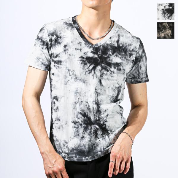 Tシャツ 半袖 メンズ Vネック 半袖Tシャツ VネックTシャツ ムラ染め テレコ リブ aa-35...