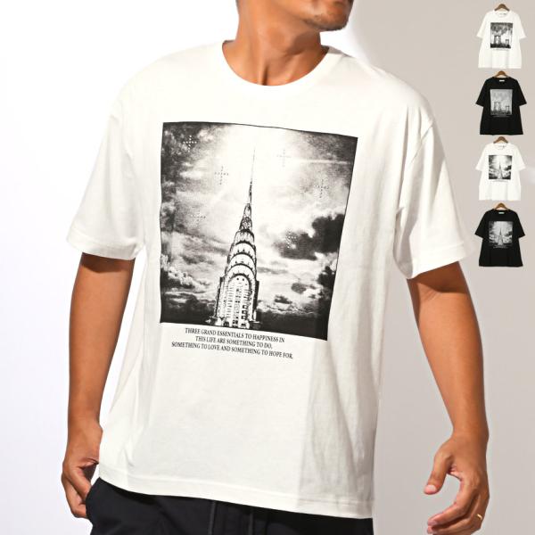 半袖Tシャツ トップス クルーネック Tシャツ 半袖 メンズ フォトプリント メタル ラインストーン...