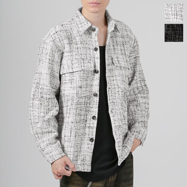シャツジャケット 長袖シャツ ツイード ジャケット メンズ レディース ポリエステル レギュラーカラ...