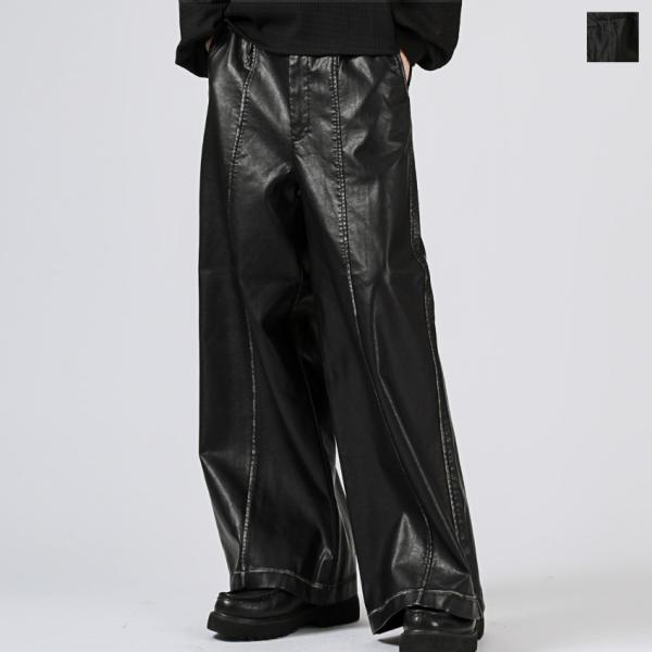 メンズ PUレザー 合皮 合成皮革 フェイクレザー レザーパンツ ワイドパンツ エコレザー ウエスト...