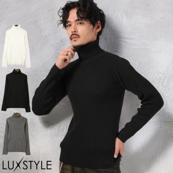 ニット セーター メンズ レディース タートルネック 長袖 12G ハイゲージ リブ編み 無地 ミッ...