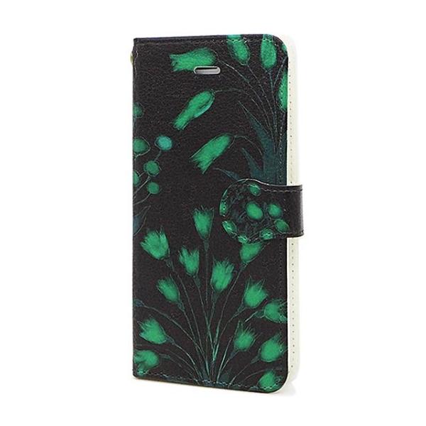 シックなグリーン 緑の野の花柄 大人の手帳型スマホケース　シルエットflower緑/黒地