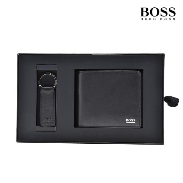 【並行輸入品】ヒューゴボス 二つ折り財布 キーホルダー キーリング 2点セット ギフトボックス ブラ...