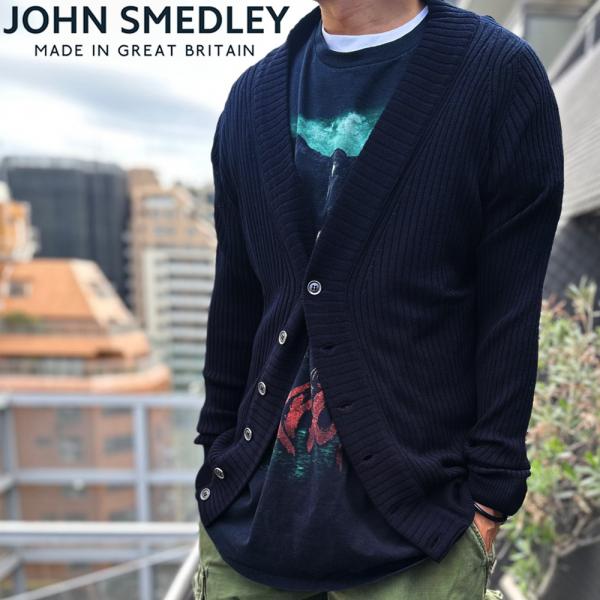 【並行輸入品】ジョンスメドレー カーディガン ネック リブ ニット ミッドナイト ネイビー系 メンズ...