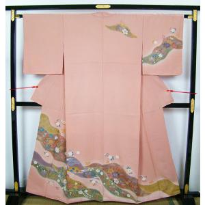 訪問着 友禅染作家「峰山」落款入り 山並みに咲く花々 正絹 8054