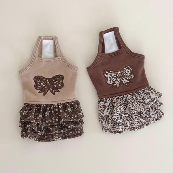 犬用ワンピース 花柄 3段フリル｜リボン パッチワーク