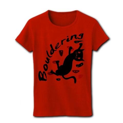 ボルダリングをする黒猫 リブクルーネックTシャツ(レッド)