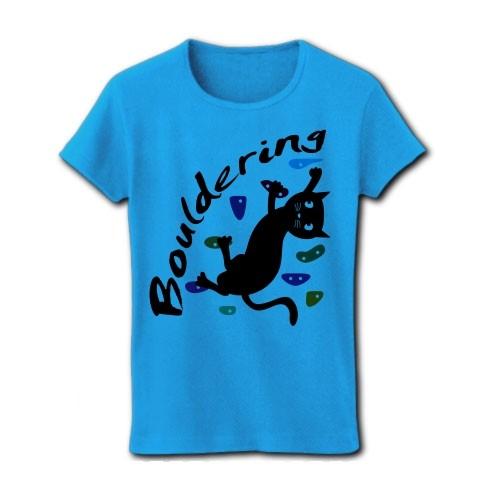 ボルダリングをする黒猫 リブクルーネックTシャツ(ターコイズ)