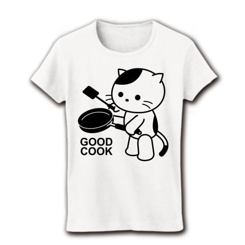 「料理上手」ねこ リブクルーネックTシャツ(ホワイト)