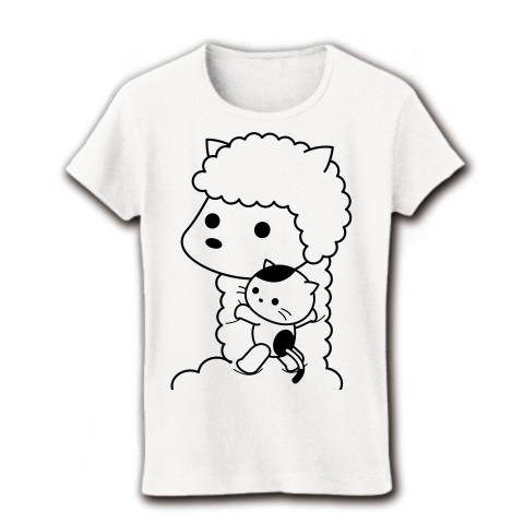 アルパカにつかまる子ねこ リブクルーネックTシャツ(ホワイト)