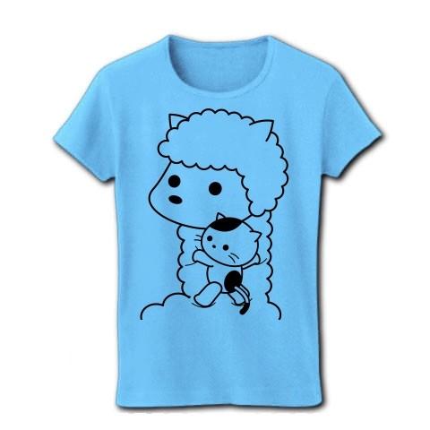 アルパカにつかまる子ねこ リブクルーネックTシャツ(ライトブルー)