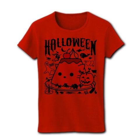 かぼちゃプリンねこのハロウィンパーティー リブクルーネックTシャツ(レッド)