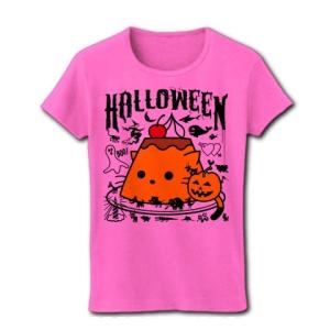 かぼちゃプリンねこのハロウィンパーティー リブクルーネックTシャツ(ピンク)
