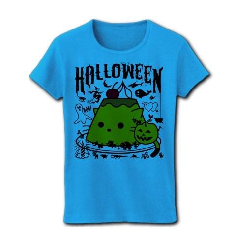 かぼちゃプリンねこのハロウィンパーティー リブクルーネックTシャツ(ターコイズ)