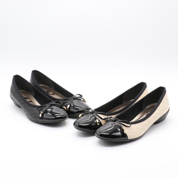 neue ar he AC パンプス ローヒール キルティング バレエシューズ エナメル リボン ラ...