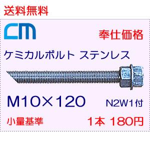 ケミカルボルト ステンレス 1本 180円 8本セット 1,440円 全ネジ 斜めカット M10×120 N2W1付 ケミカルアンカーボルト