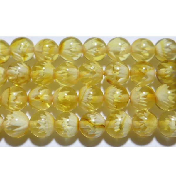 天然ゴールデンアンバー （天然琥珀） 丸玉 6mm （睡蓮の花、内彫） A　　　※ 天然石ビーズ 天...